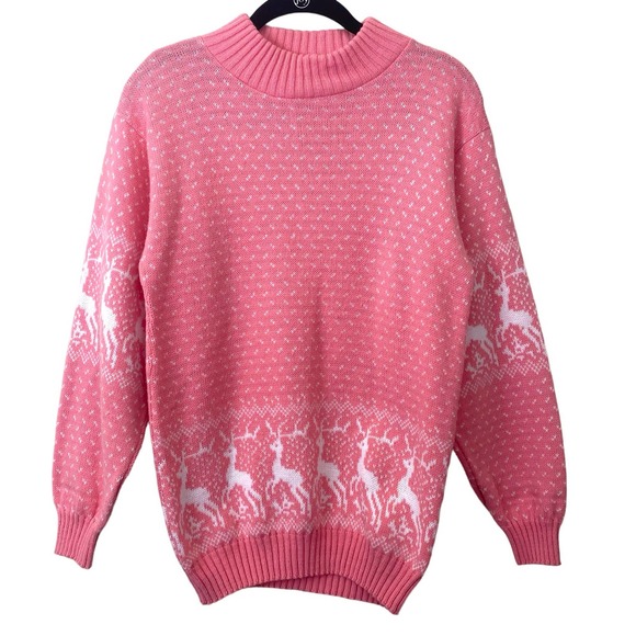 VTG Pink Holiday Print Acrylic Made In The USA Sweater - Picture 1 of 10